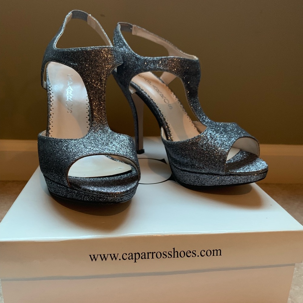Silver glitter t-strap heels